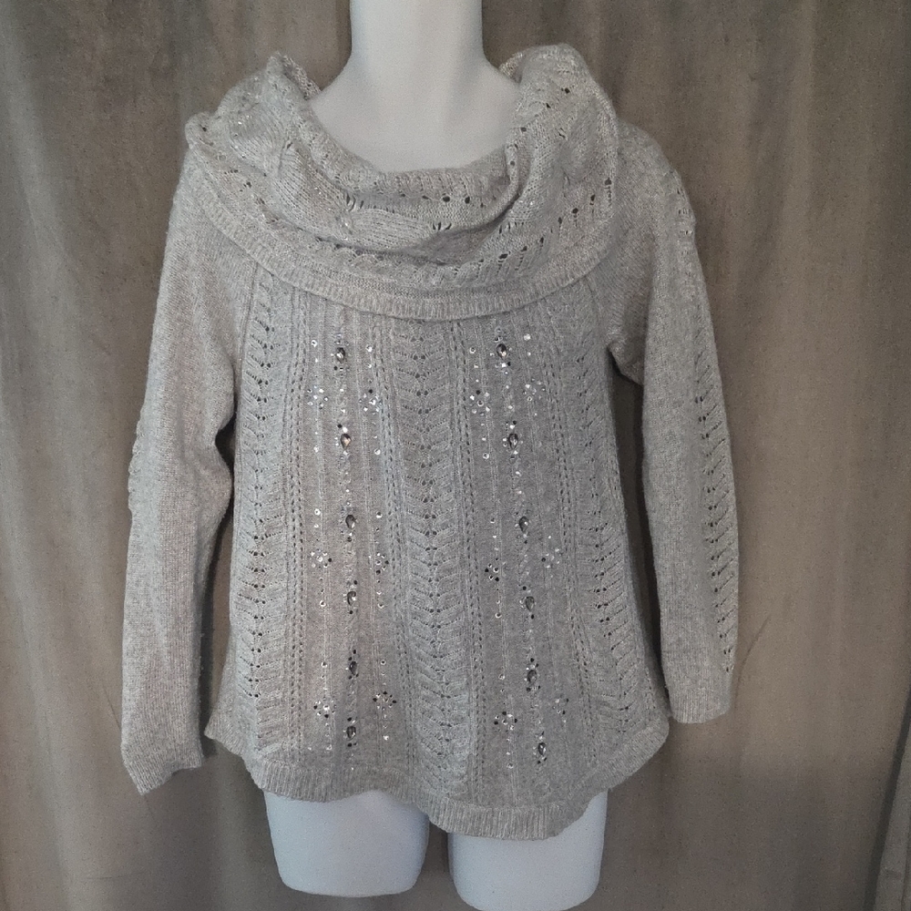 White House Black Market Size Large Silver-Accent Light Gray Cowl Neck Sweater